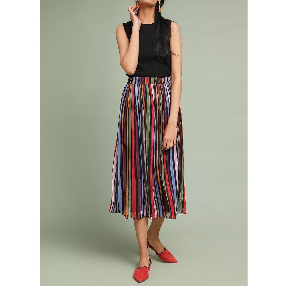 LAIA Rainbow Striped Pleated Midi Skirt Womens Medium Metallic Striped Lined